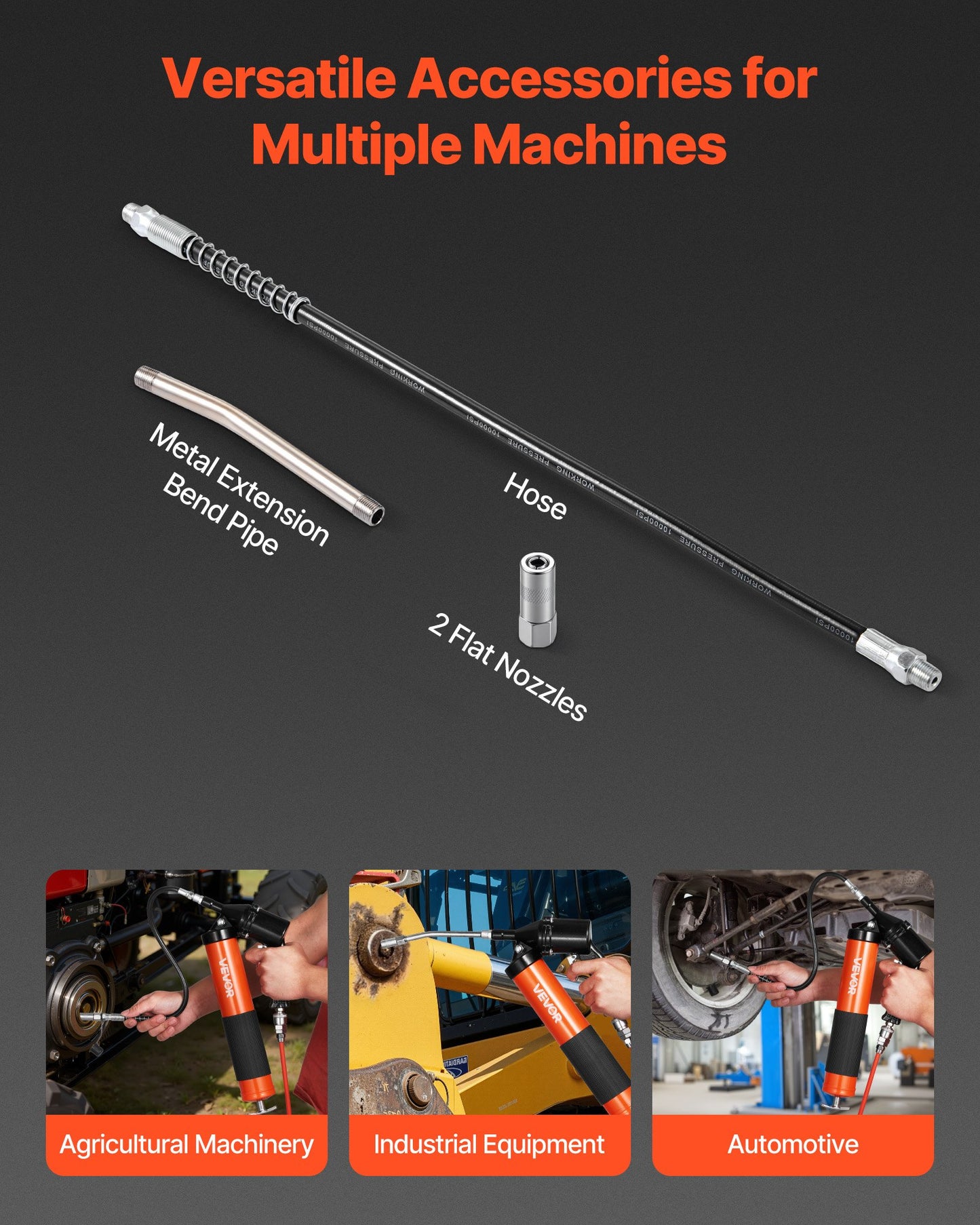 Grease Gun, 6000 PSI High Pressure, Heavy Duty Pistol Grip Grease Gun Kit with 0.4 L Capacity, Includes 45.7 cm Flex Hose, 1 Extension Rigid Pipe and 2 Flat Nozzles for Automotive, Marine