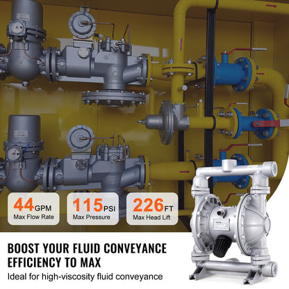 Air Operated Double Diaphragm Pump, 44GPM, Max 115PSI Air Waste Oil Pneumatic Transfer Pump with 2 Extra Diaphragms, 3.8cm Inlet & Outlet Aluminum Alloy Diaphragm Pump for Diesel Grease Oil