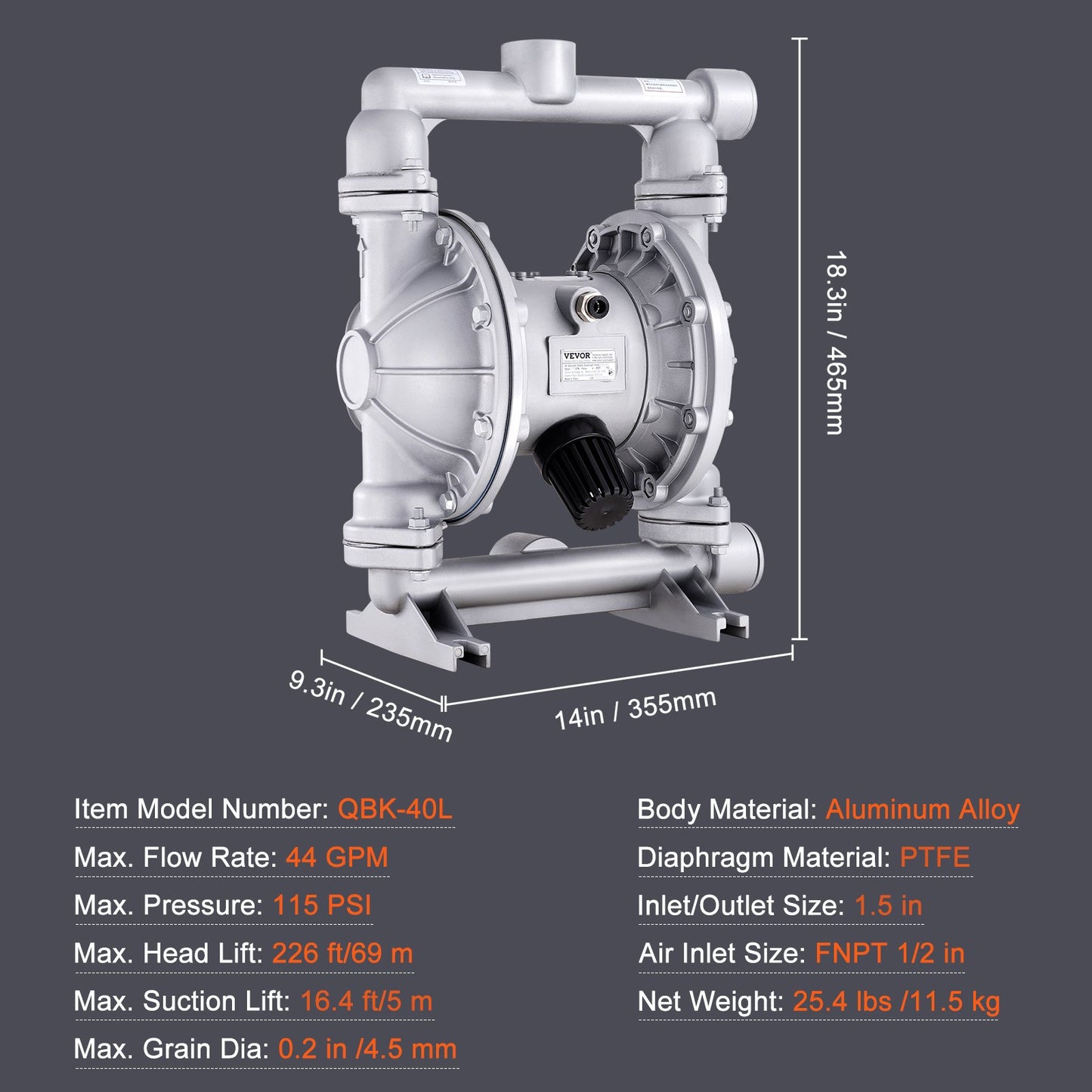 Air Operated Double Diaphragm Pump, 44GPM, Max 115PSI Air Waste Oil Pneumatic Transfer Pump with 2 Extra Diaphragms, 3.8cm Inlet & Outlet Aluminum Alloy Diaphragm Pump for Diesel Grease Oil