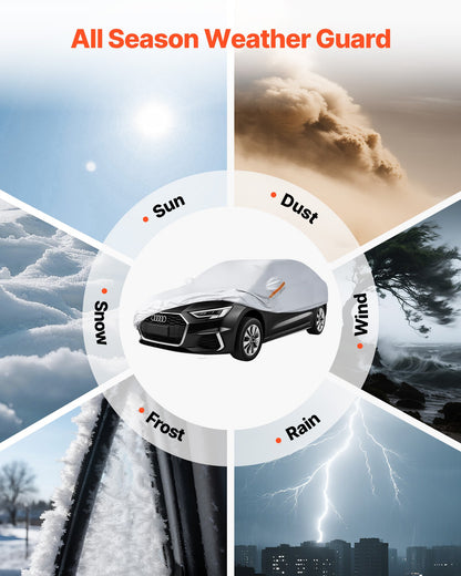 Bilskydd, Vattentätt bilskydd för medelstora europeiska sedanbilar, Skräddarsytt allvädersskydd för sol, regn, vind, damm, snö, komplett utvändigt skydd med dragkedja i dörren och bomullsfoder, Silver