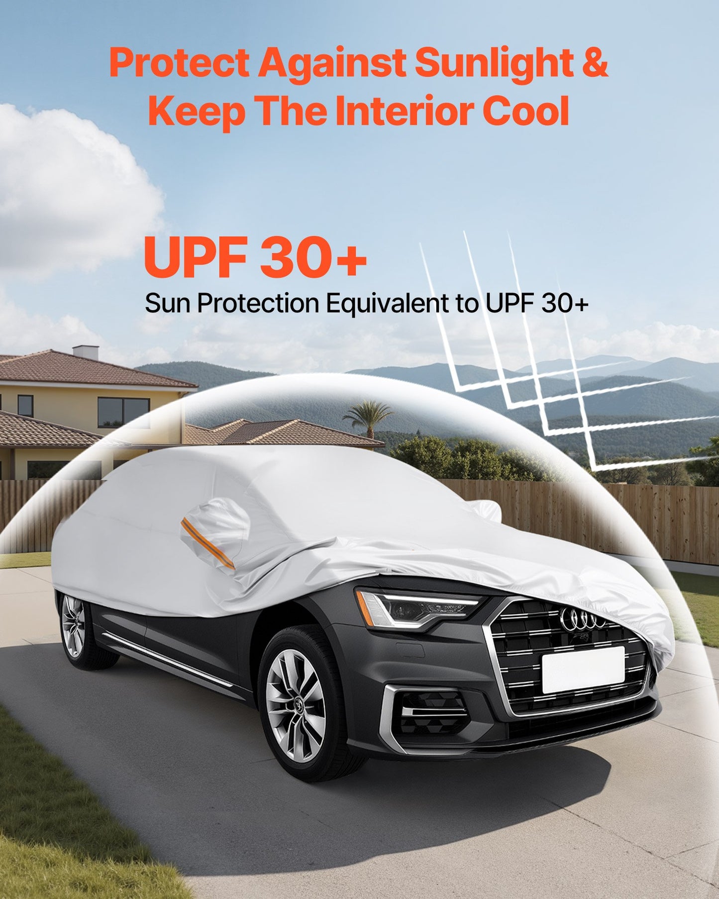 Bilskydd, Vattentätt bilskydd för europeiska sedanmodeller i full storlek, Skräddarsytt allvädersskydd för sol, regn, vind, damm, snö, komplett utvändigt skydd med dragkedja i dörren och bomullsfoder, Silver