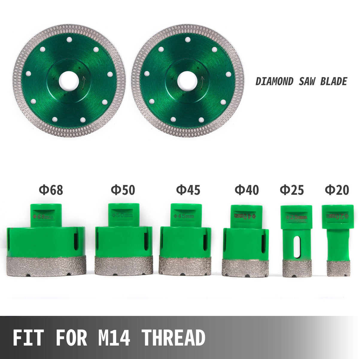 6 delar diamanthålsågssats borrkärnor M14 gänga 20/25/40/45/50/68 mm (0,79/1/1,6/1,77/2/2,7 tum) med 2 sågblad