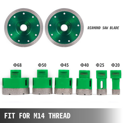 6 delar diamanthålsågssats borrkärnor M14 gänga 20/25/40/45/50/68 mm (0,79/1/1,6/1,77/2/2,7 tum) med 2 sågblad