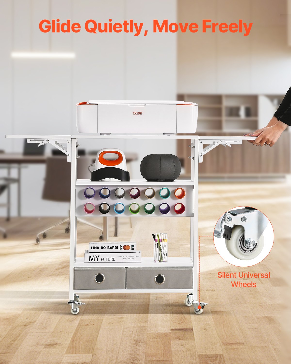 Rullande hobbyvagn och förvaringsbord, kompatibel med Cricut-maskiner, hopfällbart Cricut-bord med vikbara sidor, rullande förvaringsorganisatör med 14 vinylrullhållare och 2 lådor