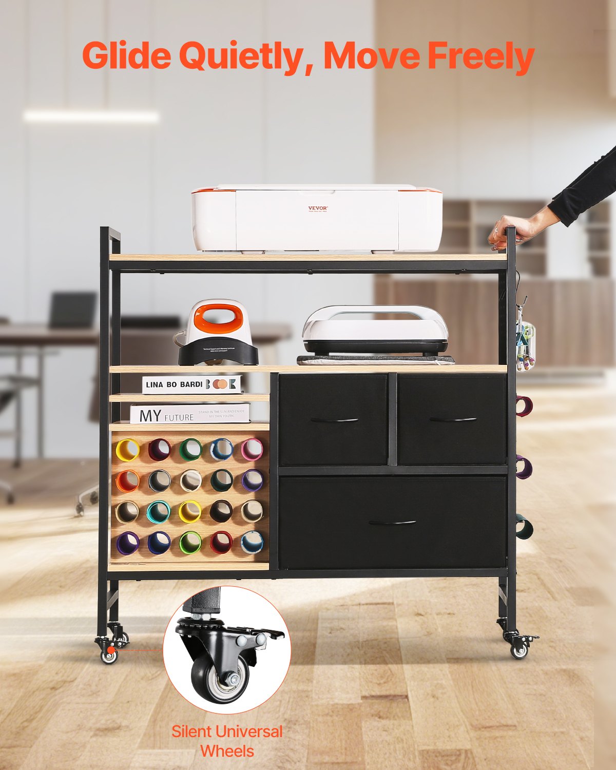 Rullande hobbyvagn och förvaringsbord, kompatibel med Cricut-maskiner, arbetsstation för hantverksbord, rullande förvaringsorganisatör med 20 vinylrullhållare och 3 lådor, svart