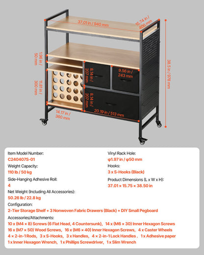 Rullande hobbyvagn och förvaringsbord, kompatibel med Cricut-maskiner, arbetsstation för hantverksbord, rullande förvaringsorganisatör med 20 vinylrullhållare och 3 lådor, svart