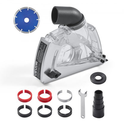 Skärdammhölje för vinkelslipmaskiner, universellt 4-5 tums vinkelslipdammhölje med 6 klämbrickor och 5 tums diamantslipkoppskiva, justerbart skärdjup, anslutning till dammsugare