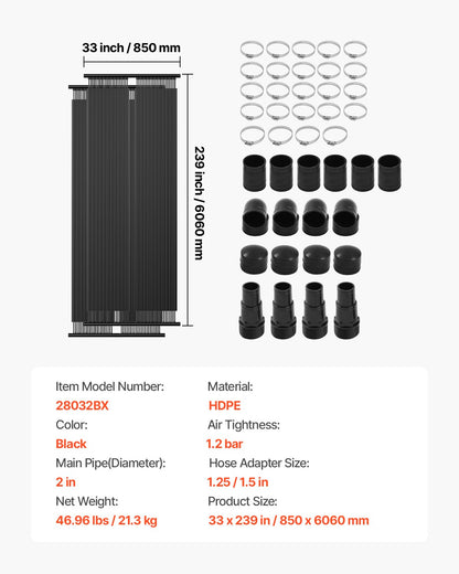 Solvärmare för pool, 2,75 x 20 fot HDPE solpanel för pool (2 st) - hållbar och väderbeständig, med kompletta tillbehör, universell solpanel för pool – höjer vattentemperaturen, ovanmarks- och nedgrävd pool