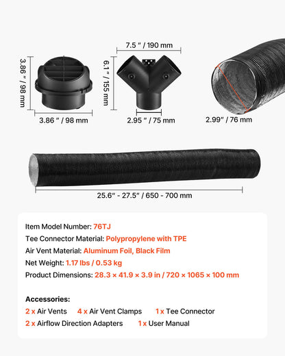 Dieselvärmarrörsventilationssats, 75 mm värmerör varmluftsventilationssats med Y-formad kontakt och luftkanalklämmor, parkeringsvärmare luftkanalventilationssats för 2KW 5KW 8KW dieselvärmare, svart