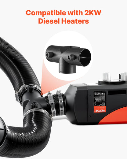 Dieselvärmarkoppling, 59 mm tillbehör till dieselvärmarkanalkoppling, T-formade 3-vägs luftventilkopplingar med 2 90° roterbara ventiler, svarta skarvkopplingar för 2KW dieselvärmare