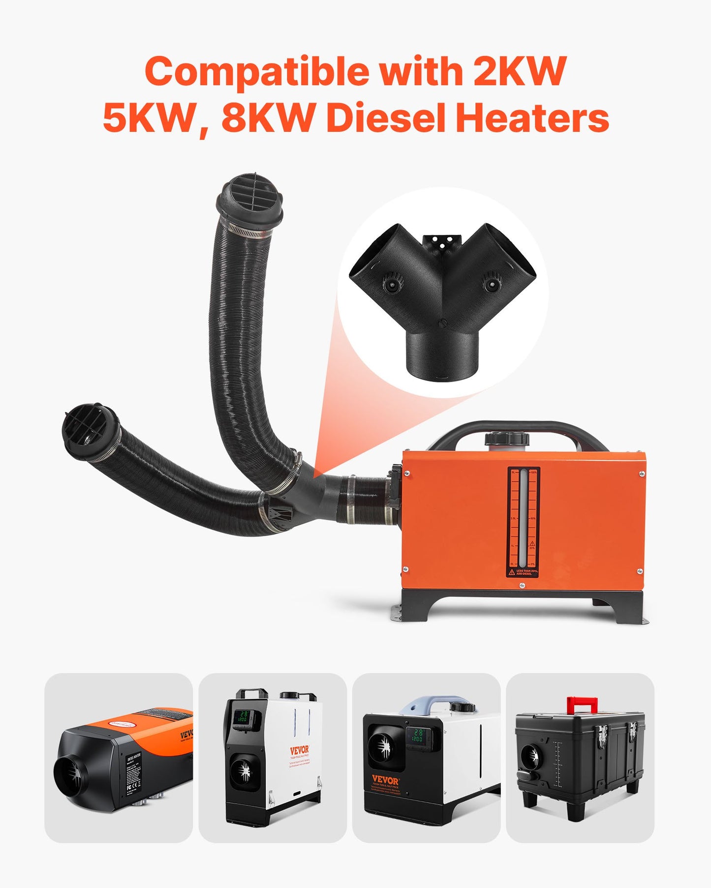 Dieselvärmarkontakt, 75 mm tillbehör till dieselvärmarkanalkoppling, 3-vägs Y-grenad dieselvärmare, luftventilationskanal med 2 90° roterbara ventiler, svarta kopplingar för 2KW, 5KW och 8KW värmare