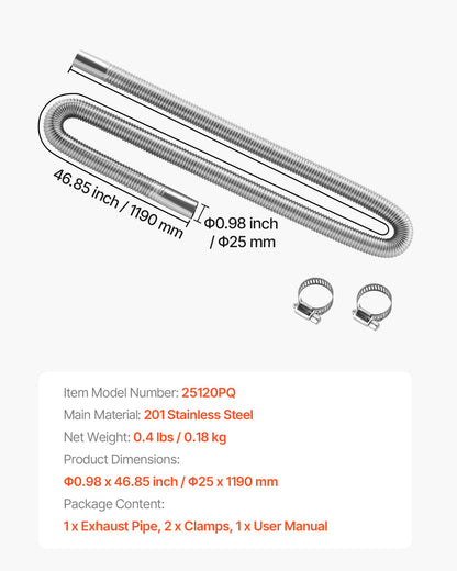 Avgasslang, 1200 mm dieselvärmare, flexibelt avgasrör, avgasslang i rostfritt stål med 2 slangklämmor, avgasslangsats, tillbehör till dieselvärmare för 2 kW, 5 kW, 8 kW dieselvärmare