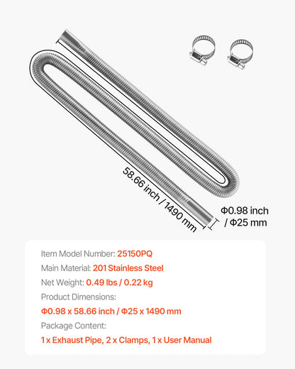 Avgasslang, 1490 mm avgasslang i rostfritt stål, flexibelt avgasrör för dieselvärmare med 2 slangklämmor, avgasslangsats, tillbehör till dieselvärmare för 2KW, 5KW, 8KW dieselvärmare