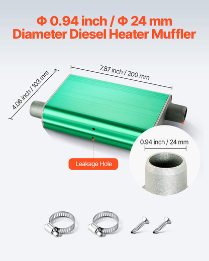 Dieselvärmare ljuddämpare, 24 mm dieselvärmare ljuddämpare uppgradering, parkeringsvärmare ljuddämpare passar med 2 klämmor och skruvar, aluminiumlegering uppgraderade avgasrör ljuddämpare ljuddämpare för 2KW 5KW 8KW dieslar