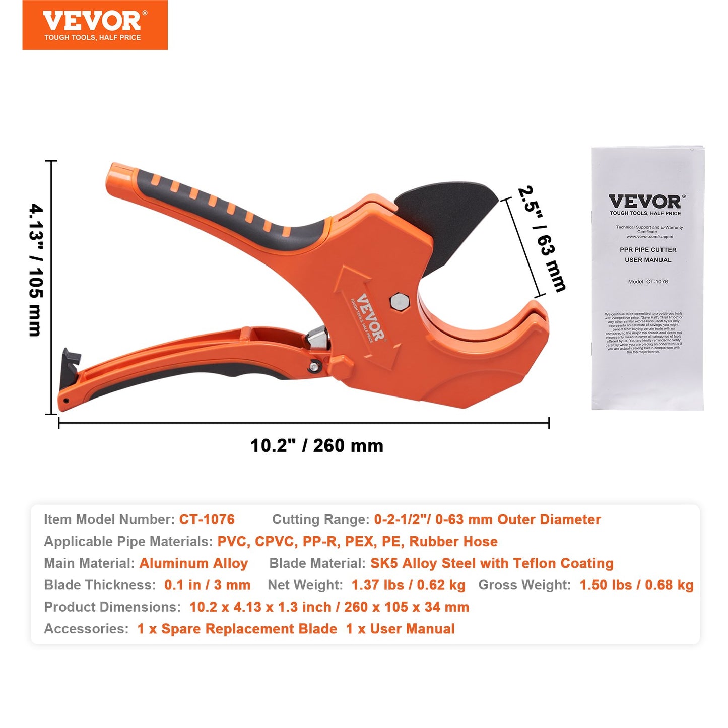 PVC-rörskärare, 0-2-1/2" ytterdiameter med spärrfunktion för PVC-rör, kraftigt rörskärverktyg med reservblad SK5 för PVC, CPVC, PP-R, PEX, PE, gummislangar