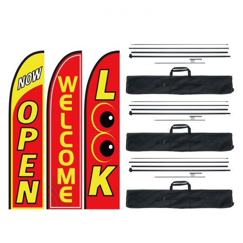 Öppna flaggor med stångkit, reklamflaggor för företag utomhus, reklamfjäderflaggkit, 3 flaggor (öppna, titta, välkomna), 3 stänger, 3 markpinnar, svepflaggor för företag 16,3 fot