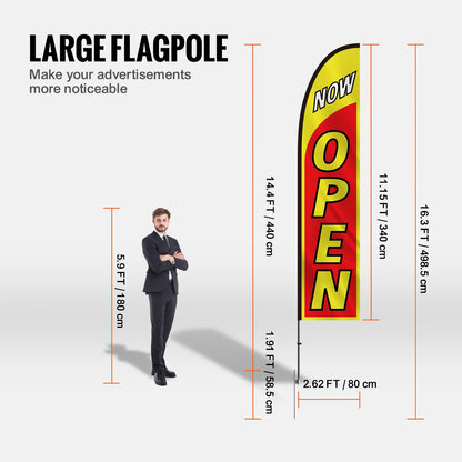 Öppna flaggor med stångkit, reklamflaggor för företag utomhus, reklamfjäderflaggkit, 3 flaggor (öppna, titta, välkomna), 3 stänger, 3 markpinnar, svepflaggor för företag 16,3 fot