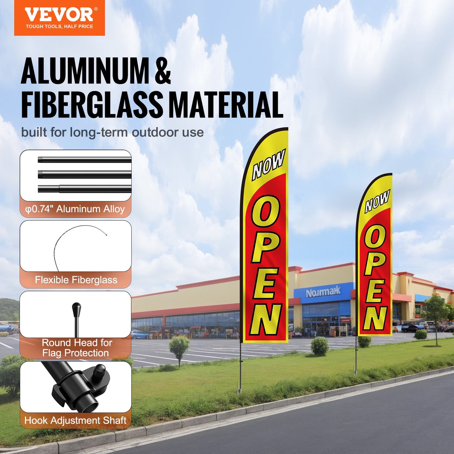 Öppna flaggor med stångsats, reklamflaggor för företag utomhus, reklamfjäderflaggsats, inkluderar 2 banderflaggor, 2 stänger, 2 markpinnar, öppna skyltflaggor för företag 16,3 fot