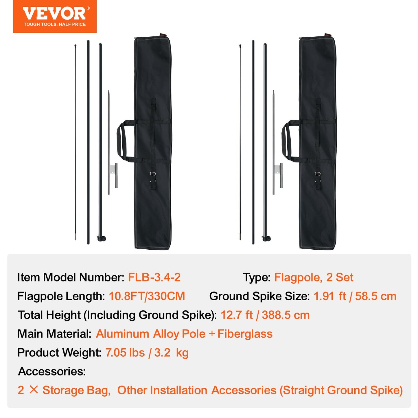 Fjäderflaggstångskit, 2-pack Swooper flaggstång 12,7 fot, skyltflaggstänger för företagsreklam, utomhusflaggor, med markstag och en bärväska (flagga ingår ej)