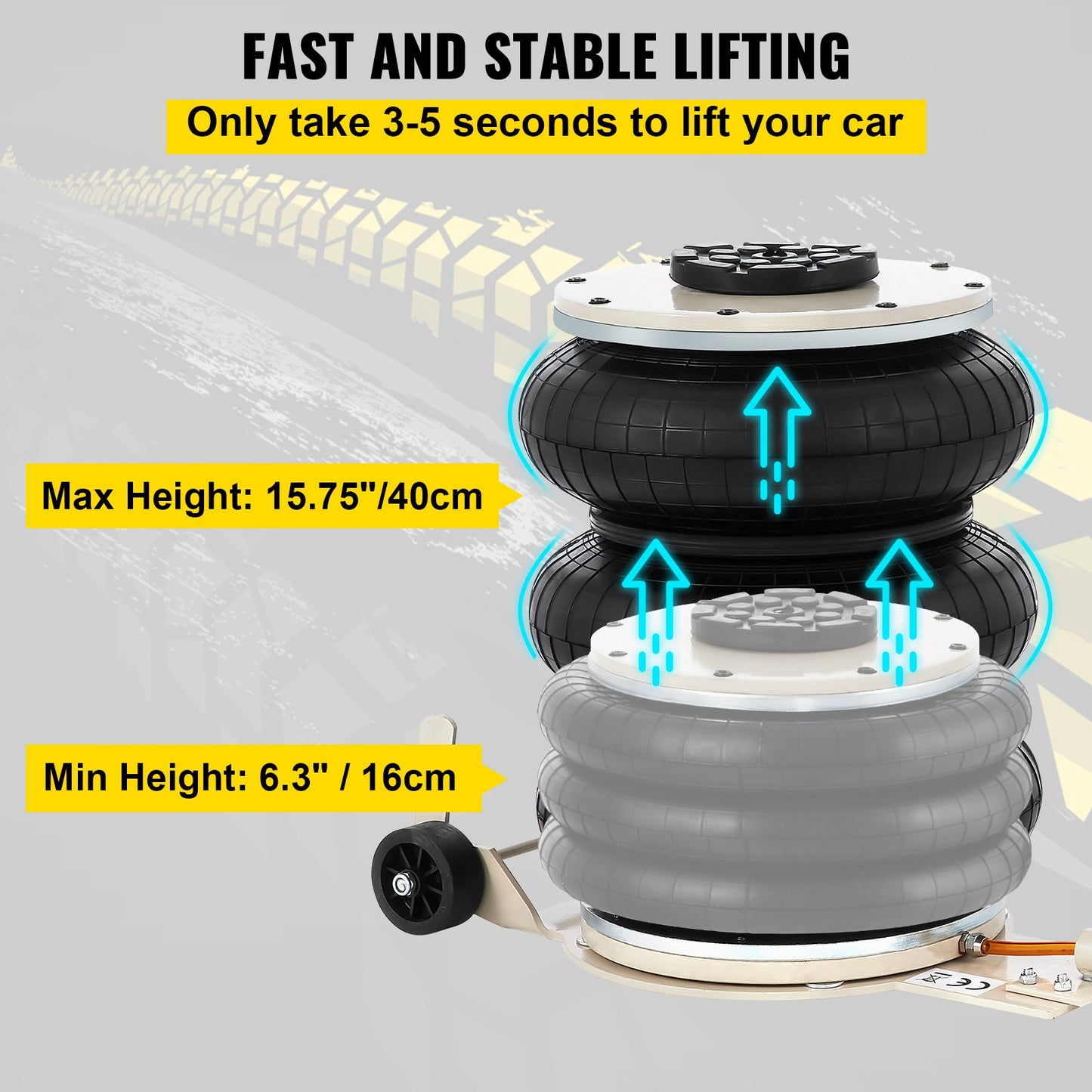 5 ton/4999,9 kg pneumatisk domkraft Trippelpås-luftdomkraft Lyfthöjd 16,5–40,6 cm Uppblåsbar bildomkraft Pneumatisk luftdomkraft 4999,9 kg kapacitet Extremt snabb lyftning