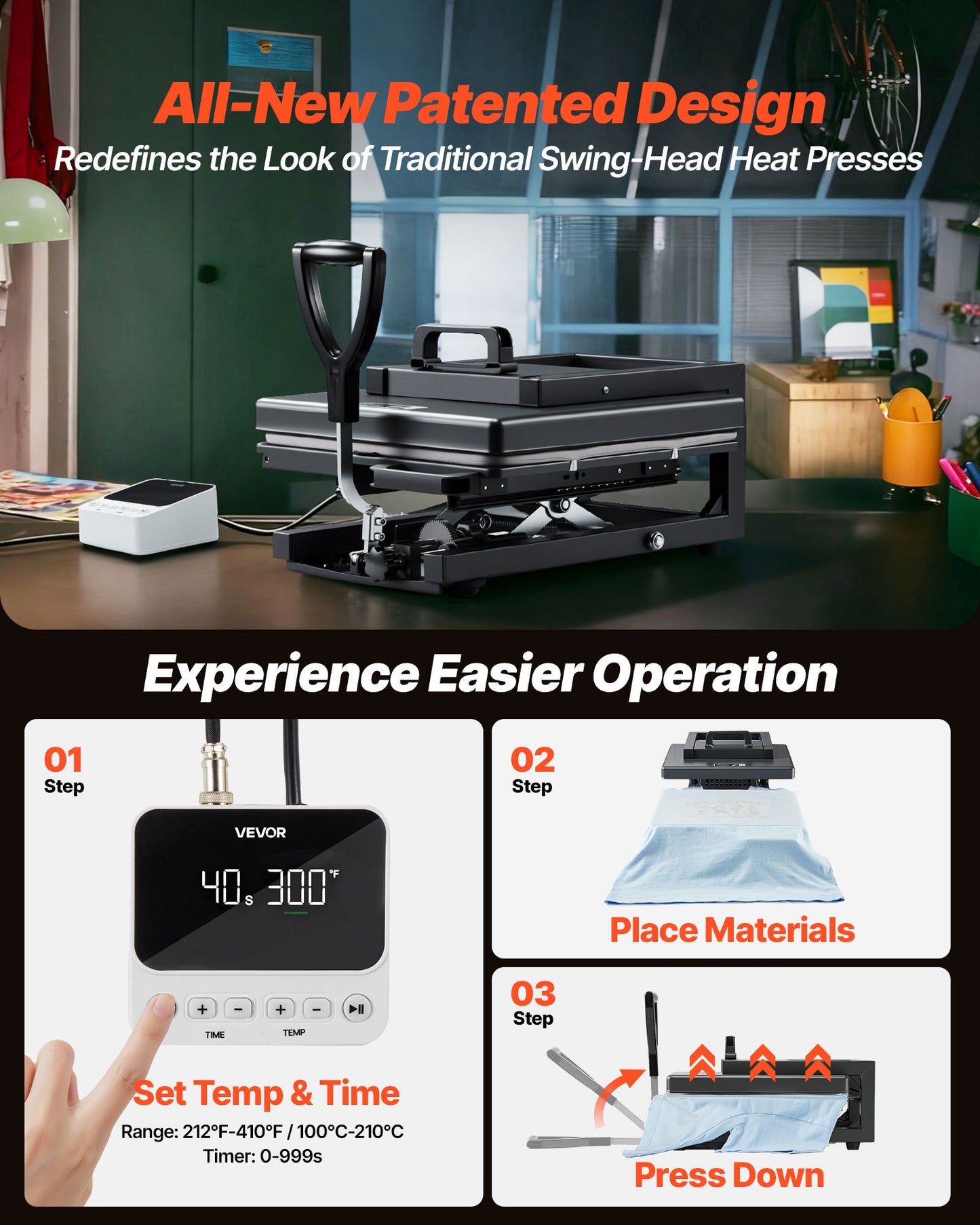 Hybrid värmepress, 380 x 380 mm, 5-i-1 multifunktion, Värmer upp snabbt och jämnt, Helt ny patenterad design, Lätt att kontrollera, Sublimeringspress för T-shirts/Muggar/Tumblers/Kepsar/Tallrikar, Svart