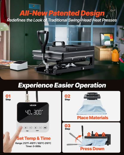 Hybrid värmepress, 380 x 380 mm, 8-i-1 multifunktion, Värmer upp snabbt och jämnt, Helt ny patenterad design, Lätt att kontrollera, Sublimeringspress för T-shirts/Muggar/Tumblers/Kepsar/Tallrikar, Svart