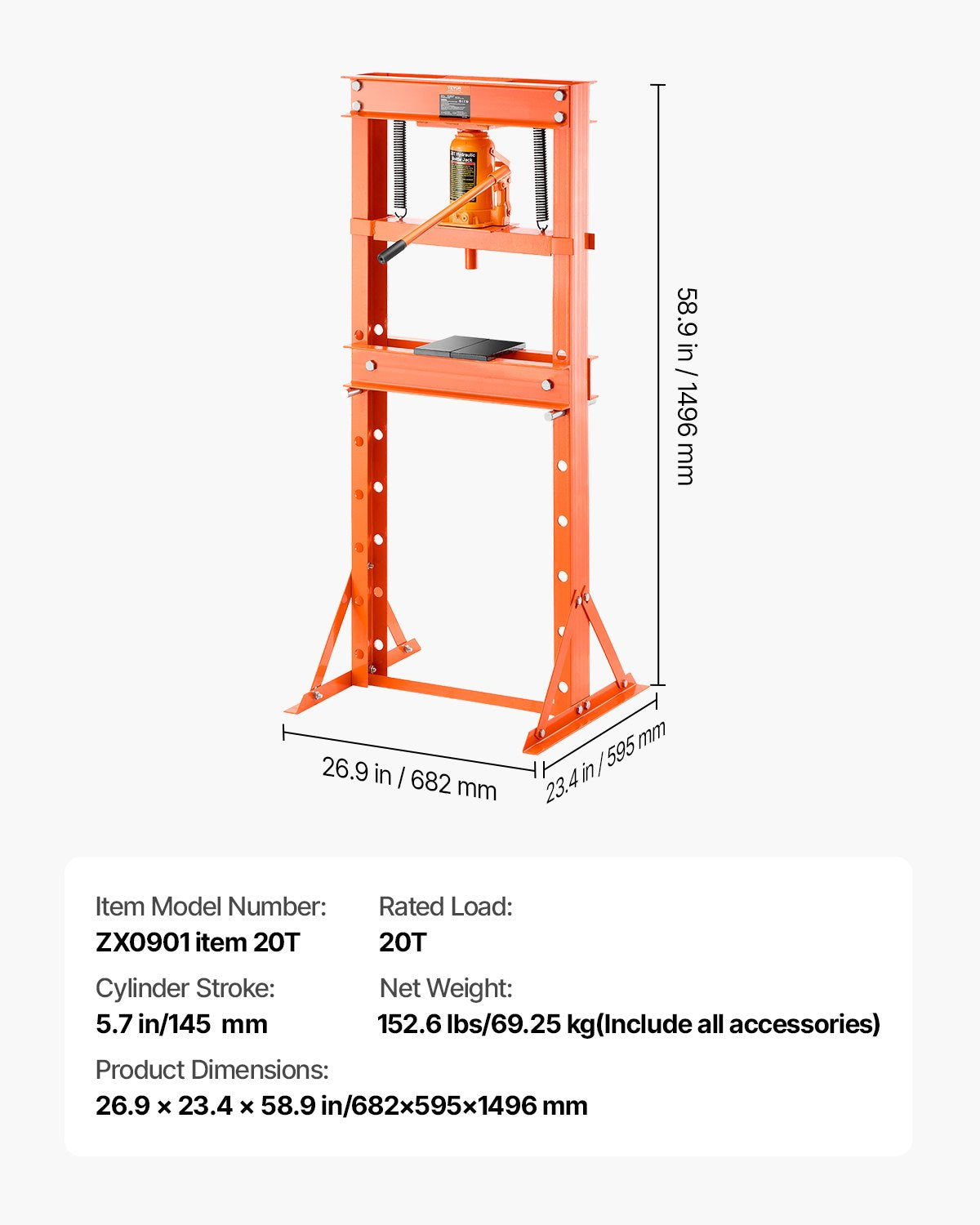 Hydraulisk verkstadspress, 20 T H-rams verkstadspress med pressplatta och triangulärt stöd, stabil, justerbar hydraulpress i garagegolv med övertrycksventil, lämplig för bockning, riktning och stansning