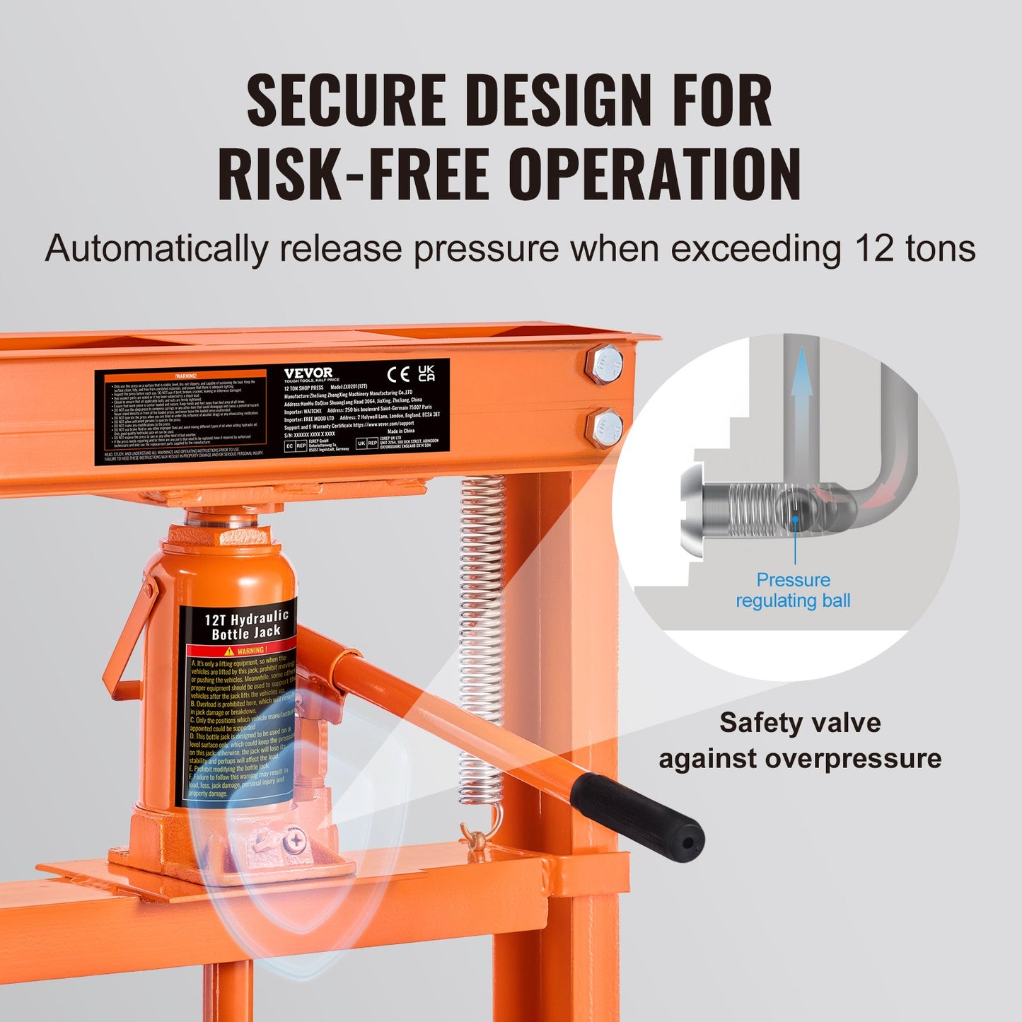 Hydraulisk, 12 tons H-ramsgolv, stansplattor, justerbar arbetsbordshöjd för bockning eller rätning av metall, garage eller verkstadspress, orange