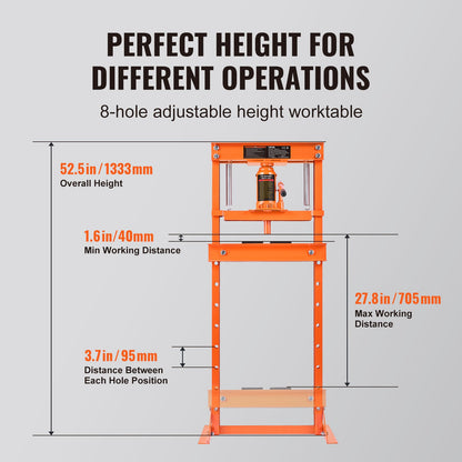 Hydraulisk, 12 tons H-ramsgolv, stansplattor, justerbar arbetsbordshöjd för bockning eller rätning av metall, garage eller verkstadspress, orange