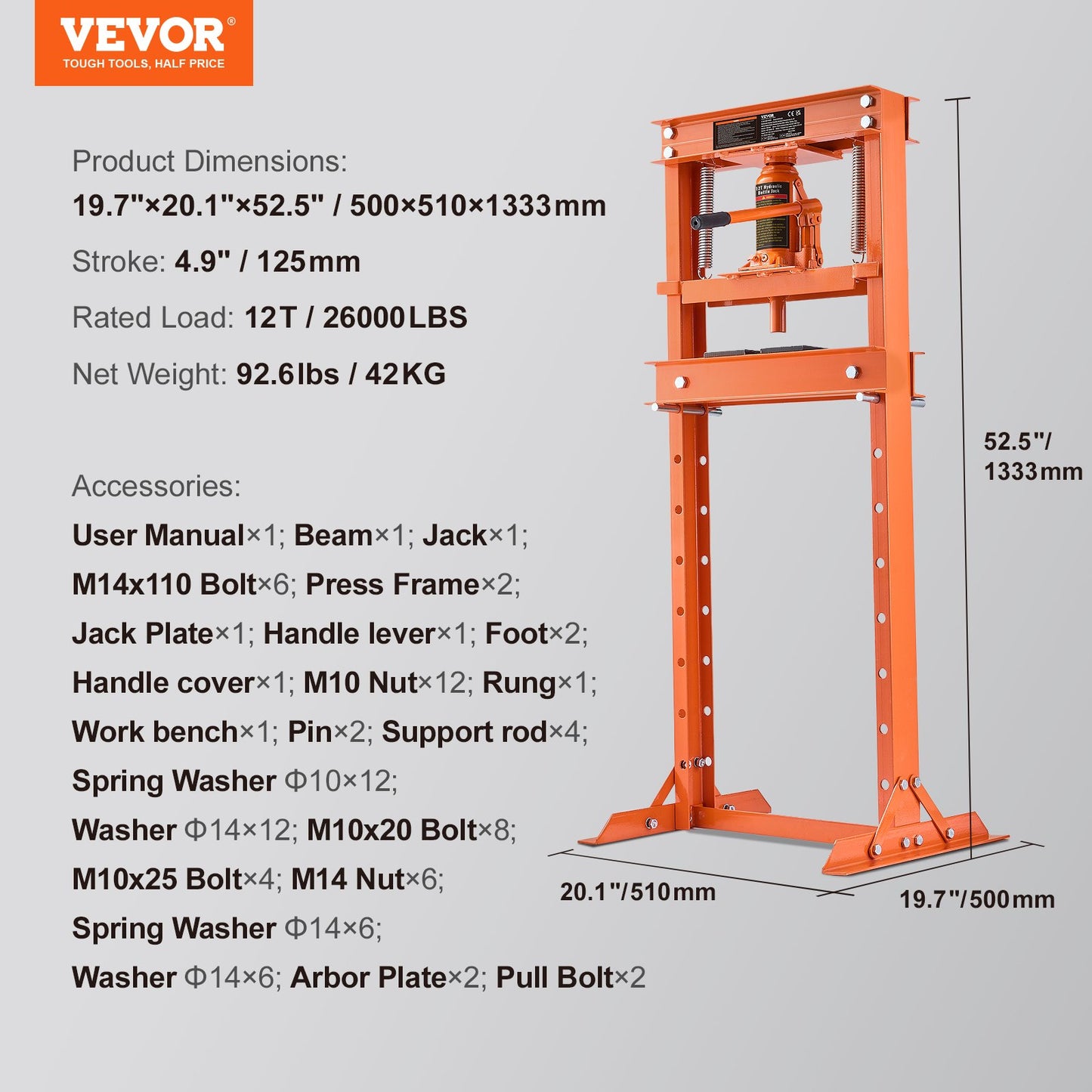 Hydraulisk, 12 tons H-ramsgolv, stansplattor, justerbar arbetsbordshöjd för bockning eller rätning av metall, garage eller verkstadspress, orange
