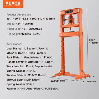 Hydraulisk, 12 tons H-ramsgolv, stansplattor, justerbar arbetsbordshöjd för bockning eller rätning av metall, garage eller verkstadspress, orange