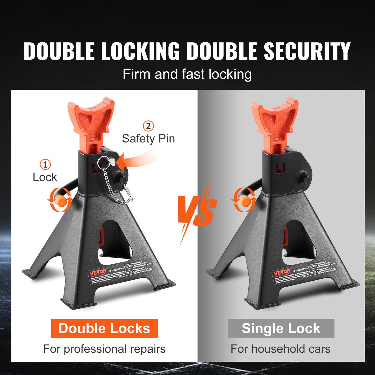 Jack Stands, 3 Ton (2,721.6 kg) Capacity Car Jack Stands Double Locking, 27.4 - 41.4 cm Adjustable Height, for lifting SUV, Pickup Truck, Car and UTV/ATV, Red, 1 Pair