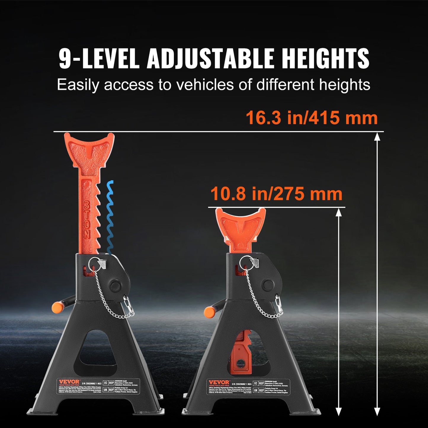 Jack Stands, 3 Ton (2,721.6 kg) Capacity Car Jack Stands Double Locking, 27.4 - 41.4 cm Adjustable Height, for lifting SUV, Pickup Truck, Car and UTV/ATV, Red, 1 Pair