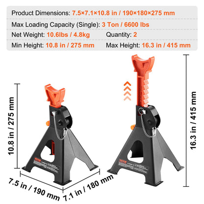 Jack Stands, 3 Ton (2,721.6 kg) Capacity Car Jack Stands Double Locking, 27.4 - 41.4 cm Adjustable Height, for lifting SUV, Pickup Truck, Car and UTV/ATV, Red, 1 Pair