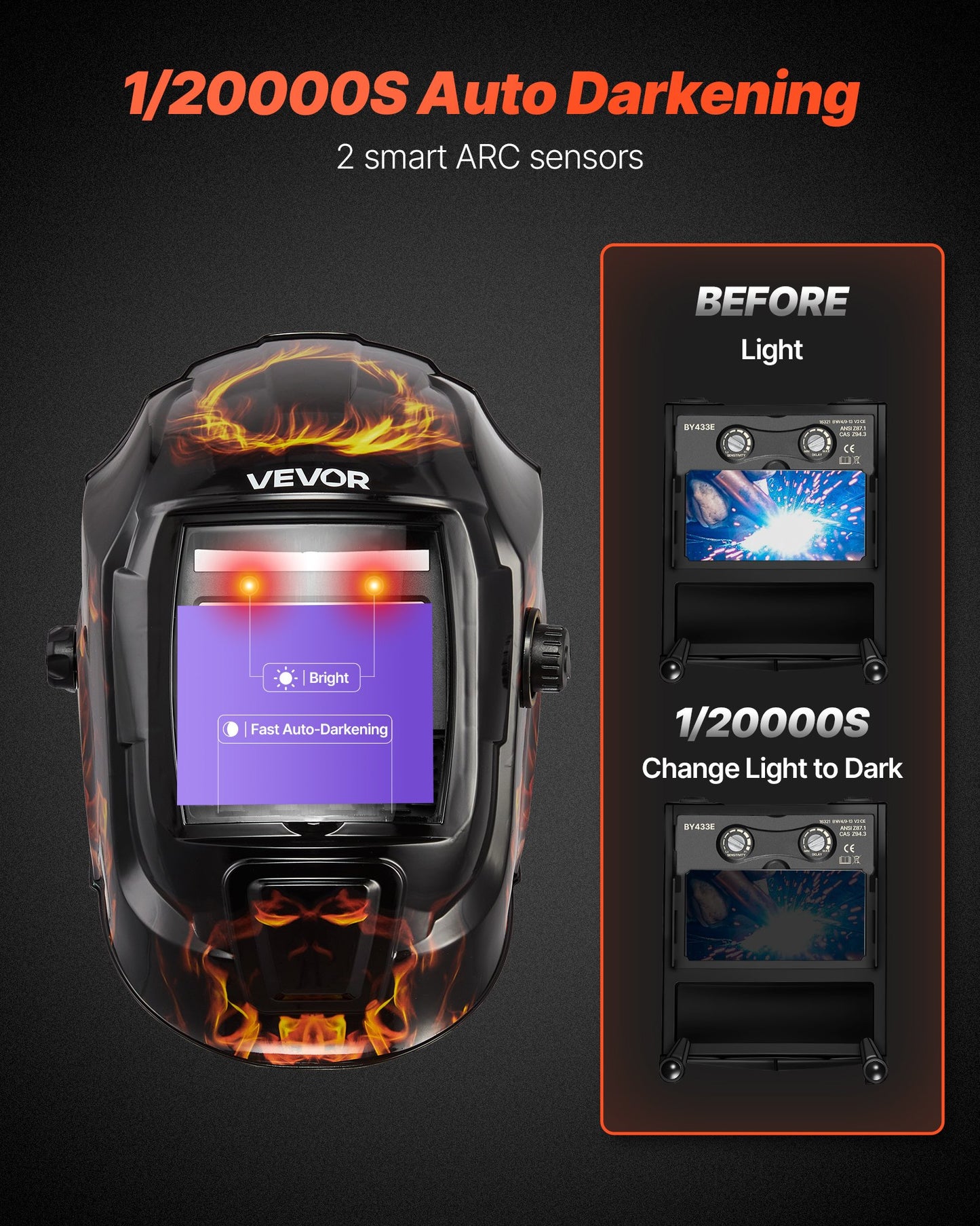Welding Helmet Auto Darkening, 93 x 43 mm True Color Welding Hood, Solar-Powered Welder Mask 2 Arc Sensors, Shade 4/9-13 for TIG MIG ARC Weld Grinding - CRIUS Series (Yellow Flame Pattern)