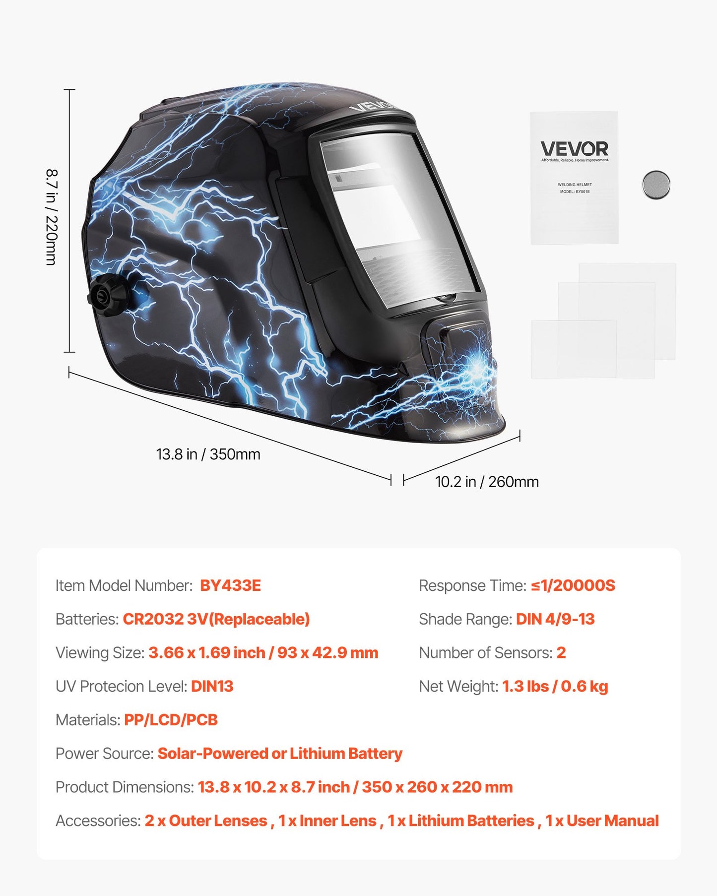 Welding Helmet Auto Darkening, 93 x 43 mm True Color Welding Hood, Solar Powered Welder Mask 2 Arc Sensors, Shade 4/9-13 for TIG MIG ARC Weld Grinding - CRIUS Series (Blue Lightning Pattern)
