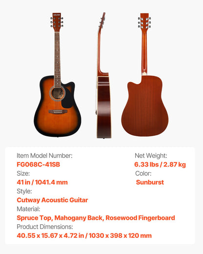 104.,4 mm (41 inch) Cutway Acoustic Guitar Beginner Bundle Gig Bag for Adult Sunburst