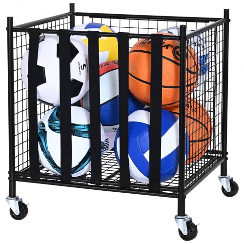 Rullande förvaringsvagn för sportbollar, låsbar basketbur med elastiska remmar, sportutrustningshållare för inomhus- och utomhusbruk, stålställ för garage, lekgrupper, gym och skolor