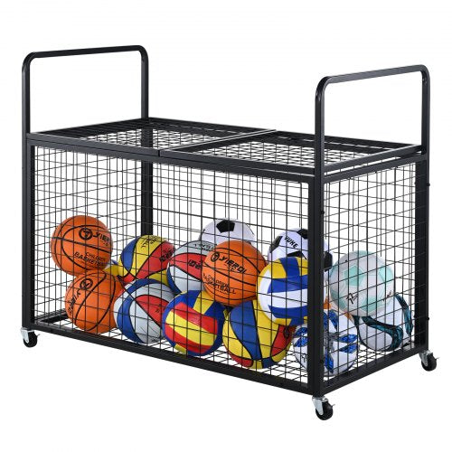 Rullande förvaringsvagn för sportbollar, låsbar basketbur med dubbla lock, sportutrustningshållare för inomhus- och utomhusbruk, stålställ för garage, lekgrupper, gym och skolor