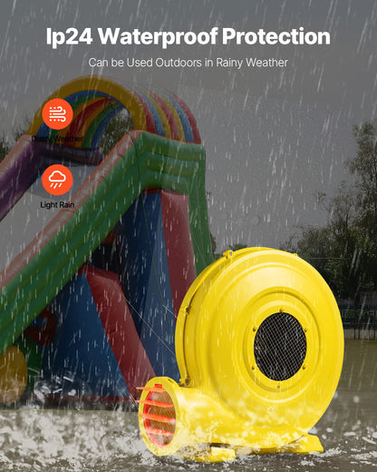Uppblåsbar fläkt, 870W och 950W, 1,3 hk hoppborgarfläkt, kommersiell pumpluftfläkt för uppblåsbara föremål, 3300 varv/min hoppborgar elektrisk luftfläkt perfekt för hoppborgar, vattenrutschbanor, gul