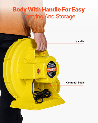 Uppblåsbar fläkt, 870W och 950W, 1,3 hk hoppborgarfläkt, kommersiell pumpluftfläkt för uppblåsbara föremål, 3300 varv/min hoppborgar elektrisk luftfläkt perfekt för hoppborgar, vattenrutschbanor, gul