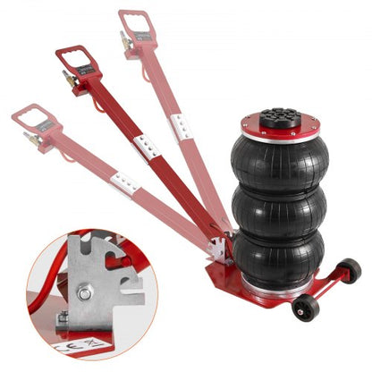 Luftdomkraft, 3 ton/3000 kg trippelkuddsdomkraft, krockkuddedomkraft med sex stålrör, lyft upp till 44,9 cm, 3-5 s snabblyftande pneumatisk domkraft, med justerbart långt handtag för bilar, garage, reparation (röd)