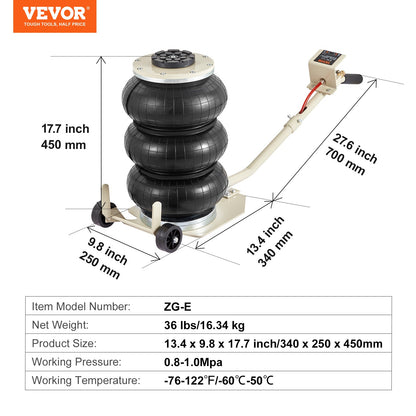 Trippelpås-luftdomkraft 3 ton/6600 lbs pneumatisk domkraft för lyft av bil SUV