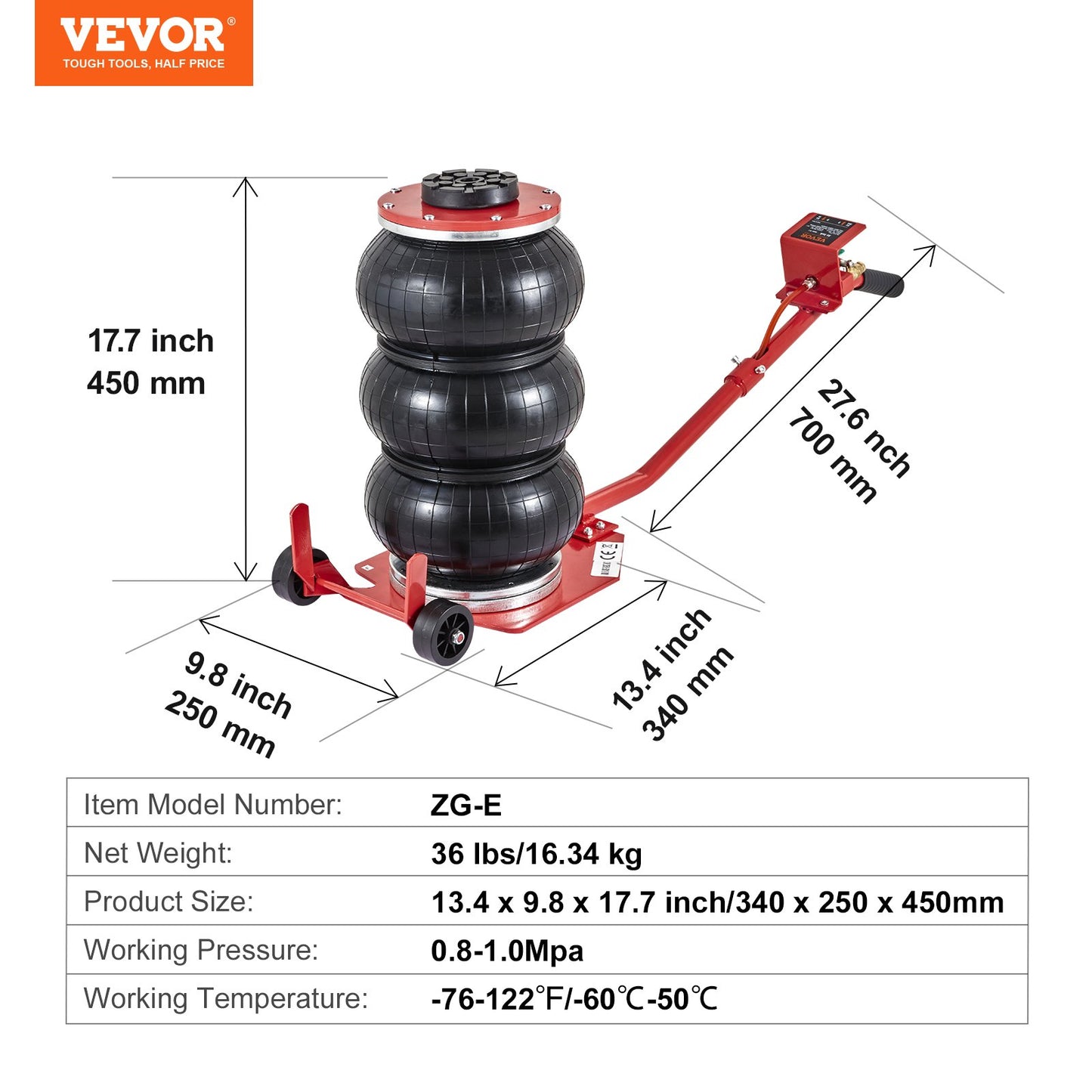 Luftdomkraft, 3 ton/6600 lbs Trippelkuddsdomkraft, Airbagdomkraft med sex stålrör, Lyft upp till 17,7 tum/450 mm, 3-5 s Snabblyftande pneumatisk domkraft, med långa handtag för bilar, garage, reparation, (röd)