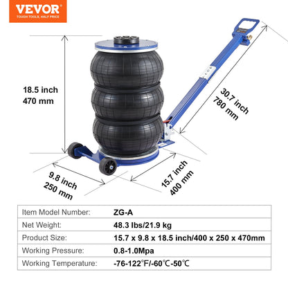 Luftdomkraft, 5 ton/11000 lbs trippelkuddsdomkraft, krockkuddedomkraft med sex stålrör, lyft upp till 18,5 tum/470 mm, 3-5 s snabblyftande pneumatisk domkraft, med justerbart handtag för bil, garage, reparation