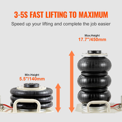 Luftdomkraft, 3 ton/6600 lbs trippelkuddsluftdomkraft, airbagdomkraft lyft upp till 450 mm, 3-5S snabblyftande pneumatisk domkraft, med sidohandtag för bilar, garage, reparation (vit)