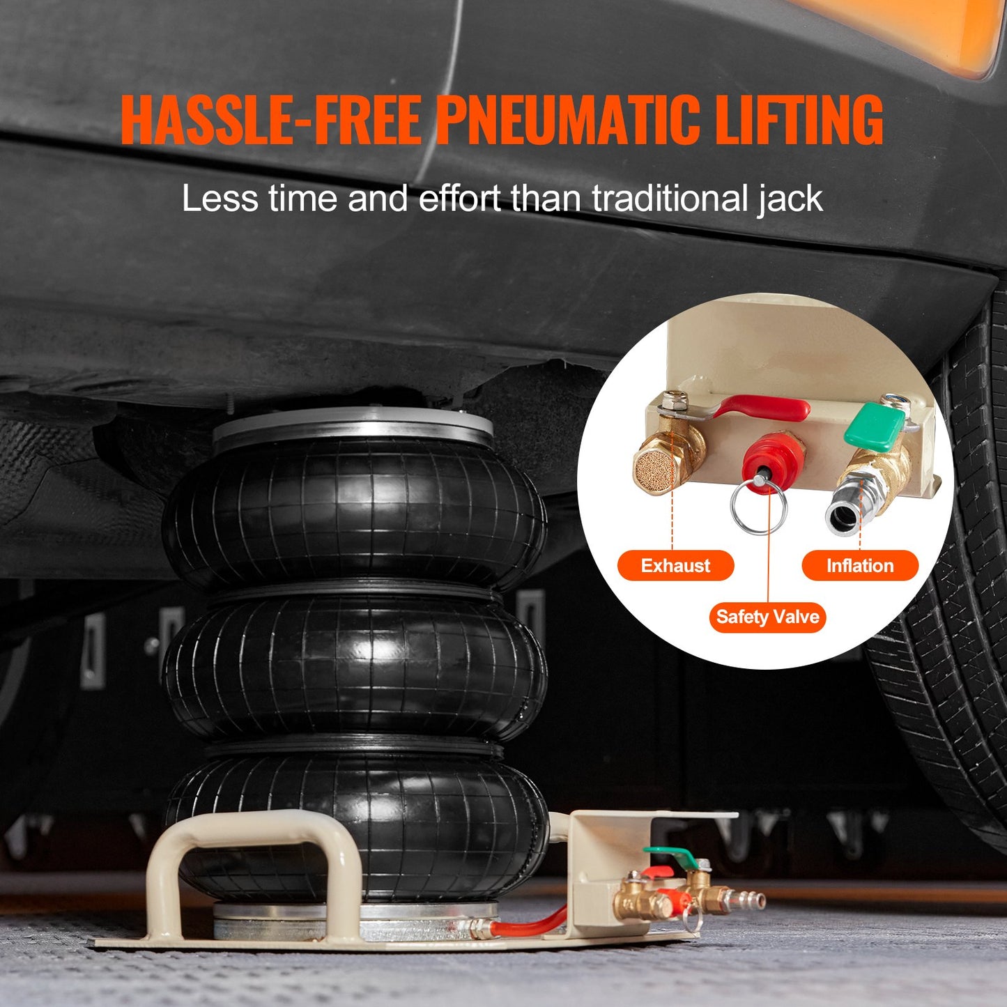 Luftdomkraft, 3 ton/6600 lbs trippelkuddsluftdomkraft, airbagdomkraft lyft upp till 450 mm, 3-5S snabblyftande pneumatisk domkraft, med sidohandtag för bilar, garage, reparation (vit)