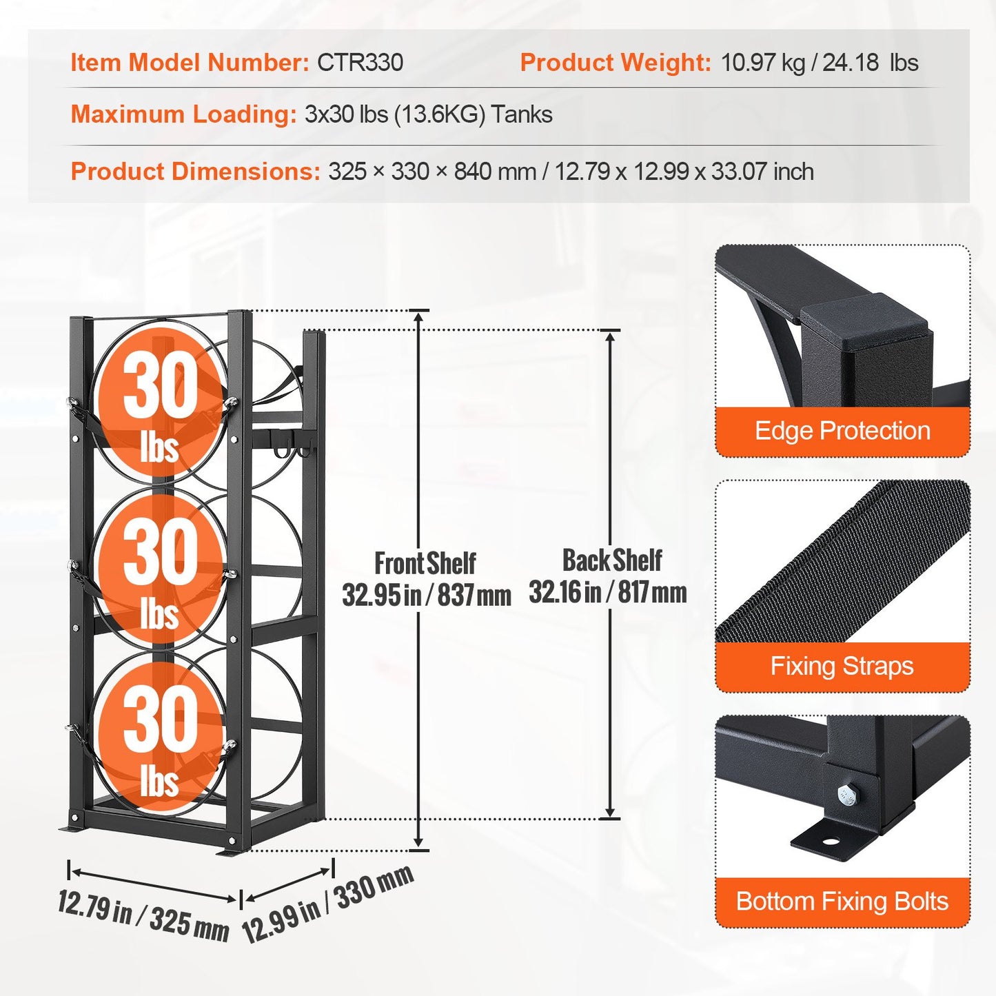 Kylmedelstankarställ, med 3 x 30lbs flasktankar, Cylindertankställ 12,79x12,99x33,07 tum, Kylmedelstankarställ Gasflaskställ och hållare för freon, gaser, syre, kväve