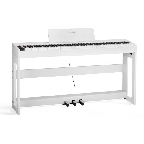 Viktat digitalpiano, 88 tangenter fullt viktade, elektriskt pianokeyboard med möbelstativ, nätadapter, trippelpedal, inspelningsfunktion, 280 toner, trådlös anslutning, för nybörjare, vit