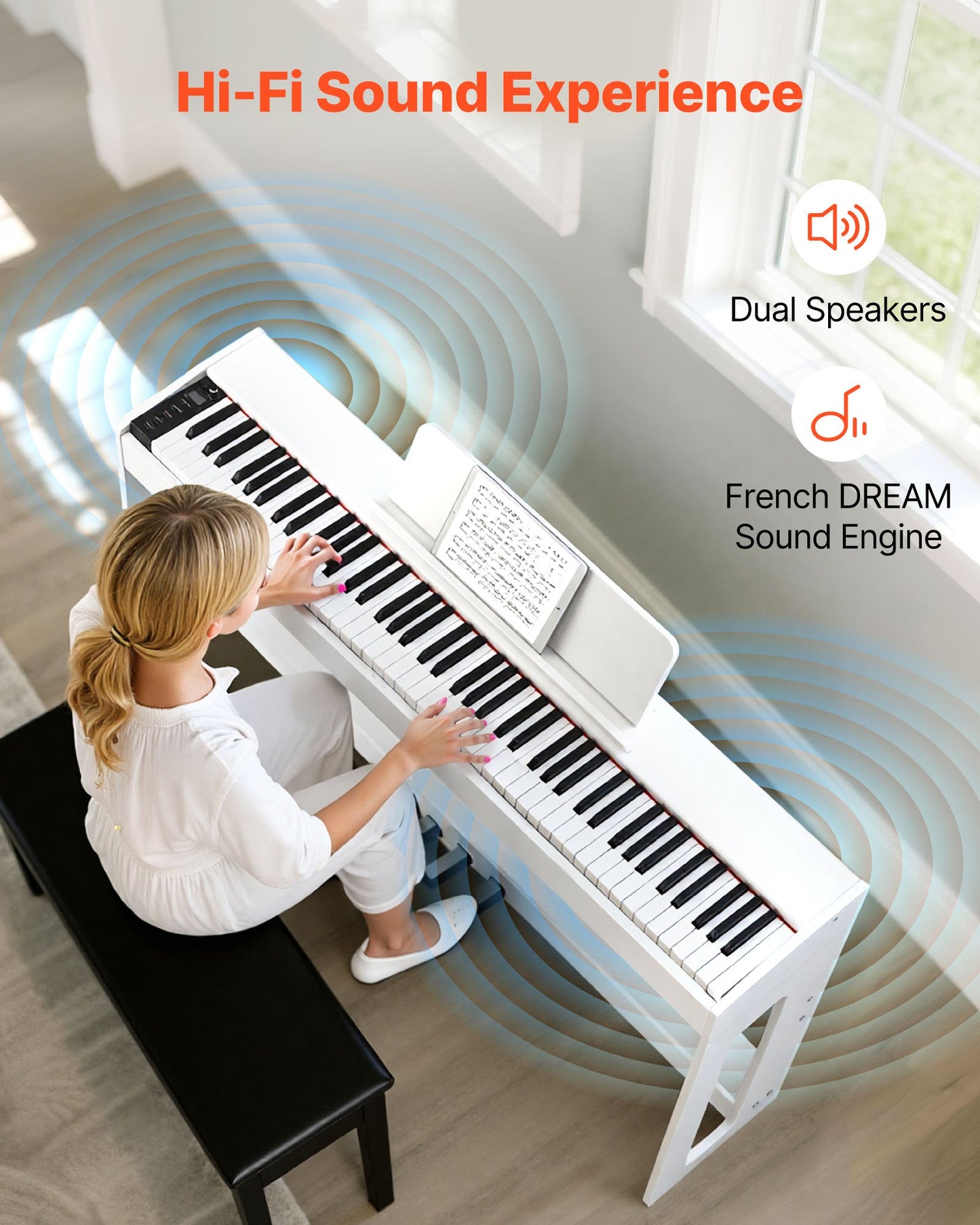 Viktat digitalpiano, 88 tangenter fullt viktade, elektriskt pianokeyboard med möbelstativ, nätadapter, trippelpedal, inspelningsfunktion, 280 toner, trådlös anslutning, för nybörjare, vit